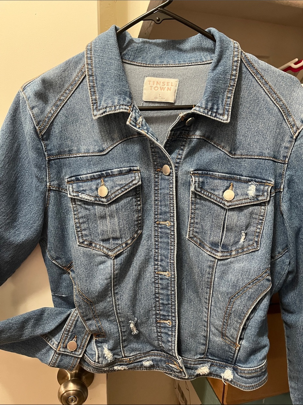 Tinseltown Light Blue Distressed Denim Jacket